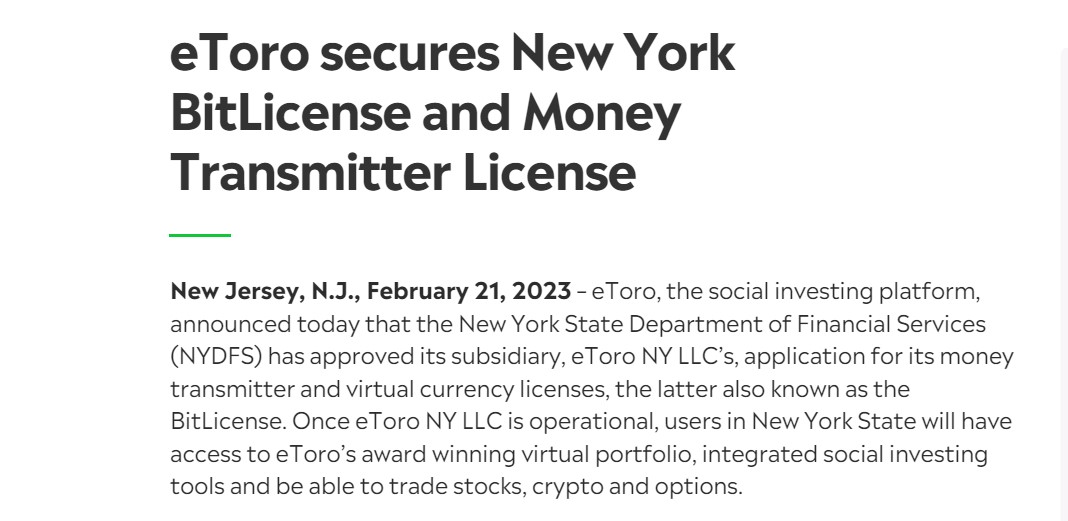  eToro NY, LLC holds a license from the New York Department of Financial Services